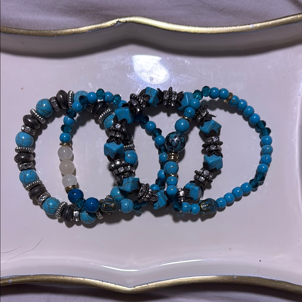 Turquoise and Silver Beaded Bracelet 4 Piece Set